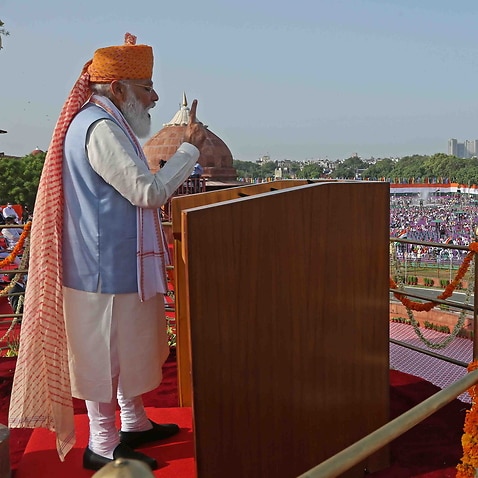 Indian Prime Minister Narendra Modi addressing the nation on the occasion of 75th Independence day in Delhi, India, 15 August 2021.