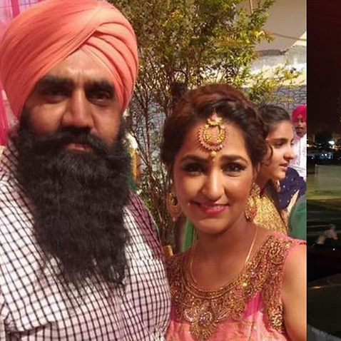 Kanwaljit Singh and his wife Kamaljit Kaur (L); A view from Bairnsdale Oval relief Center (R).