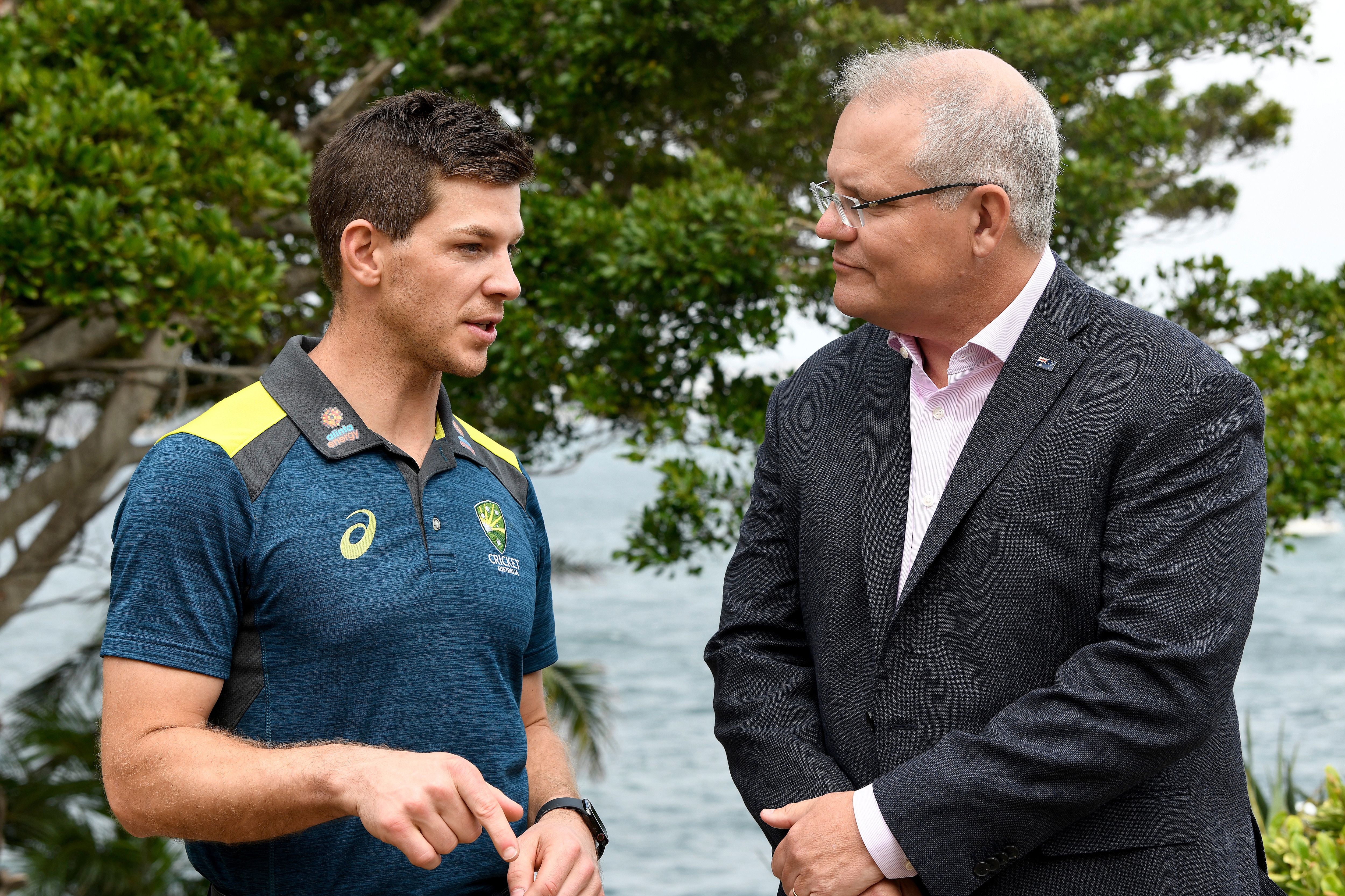 Australian cricket captain Tim Paine and Prime Minister Scott Morrison during a New Year's reception for aine and Prime Minister Scott Morrison during a New Year's reception for the Australian and New Zealand cricket teams.