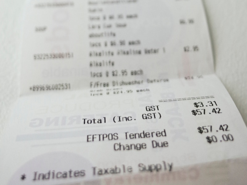 The GST component is seen printed on a grocery receipt in Canberra