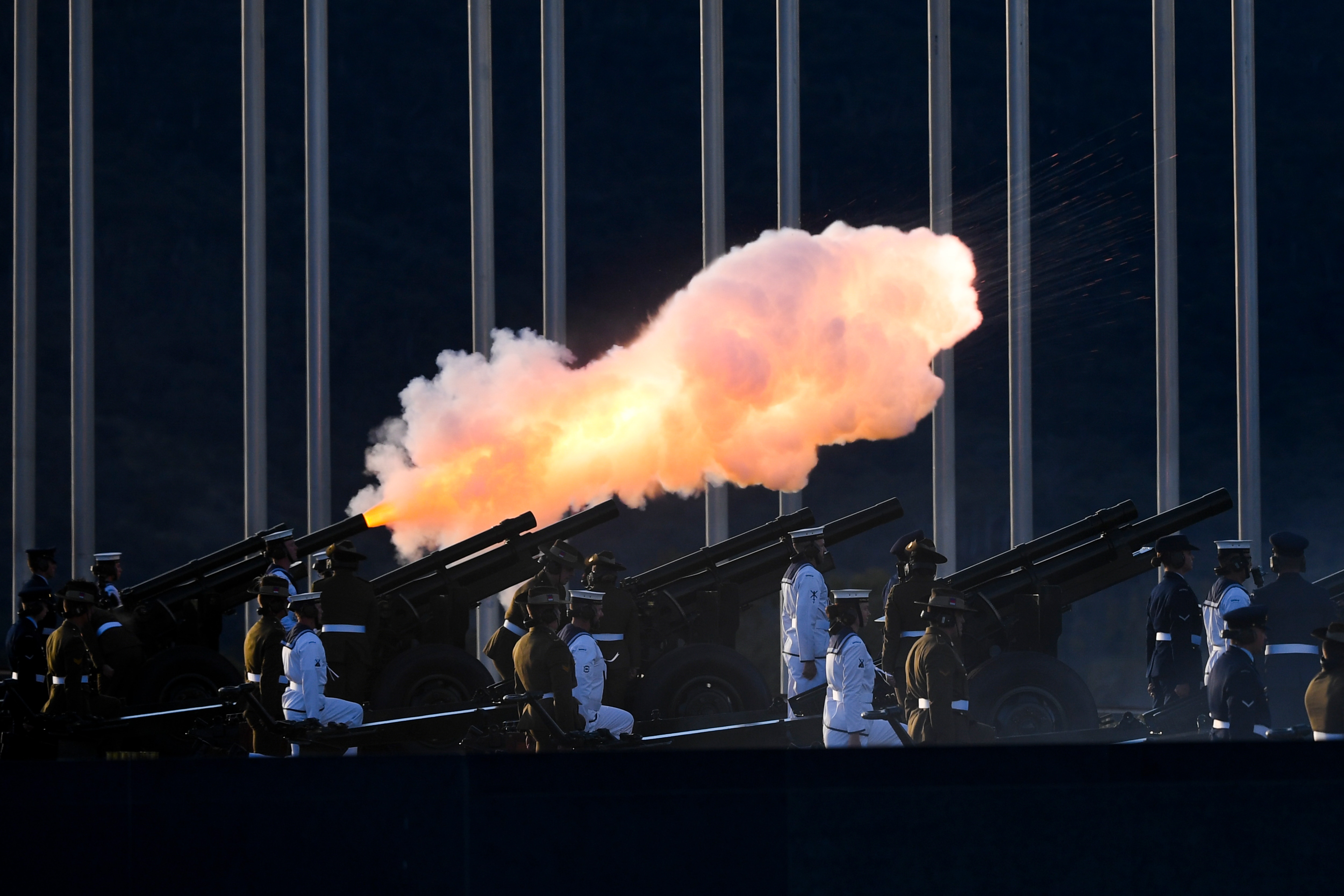 A 41-gun salute is fired to commemorate the death of Prince Philip, the Duke of Edinburgh, at Parliament House in Canberra, Saturday, 10 April, 2021. 