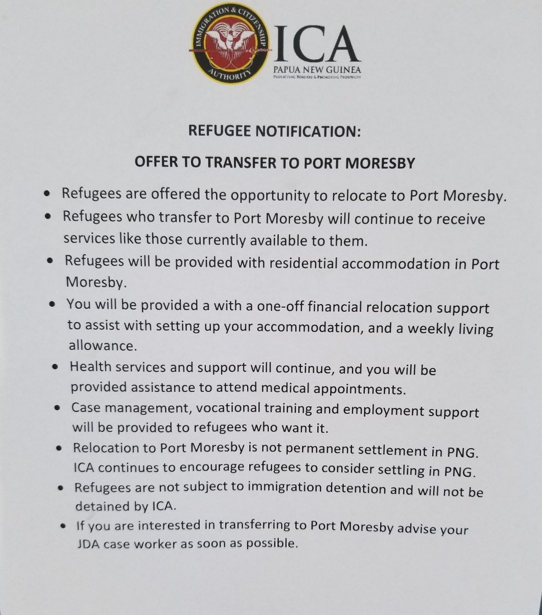 The notice posted on Manus Island.