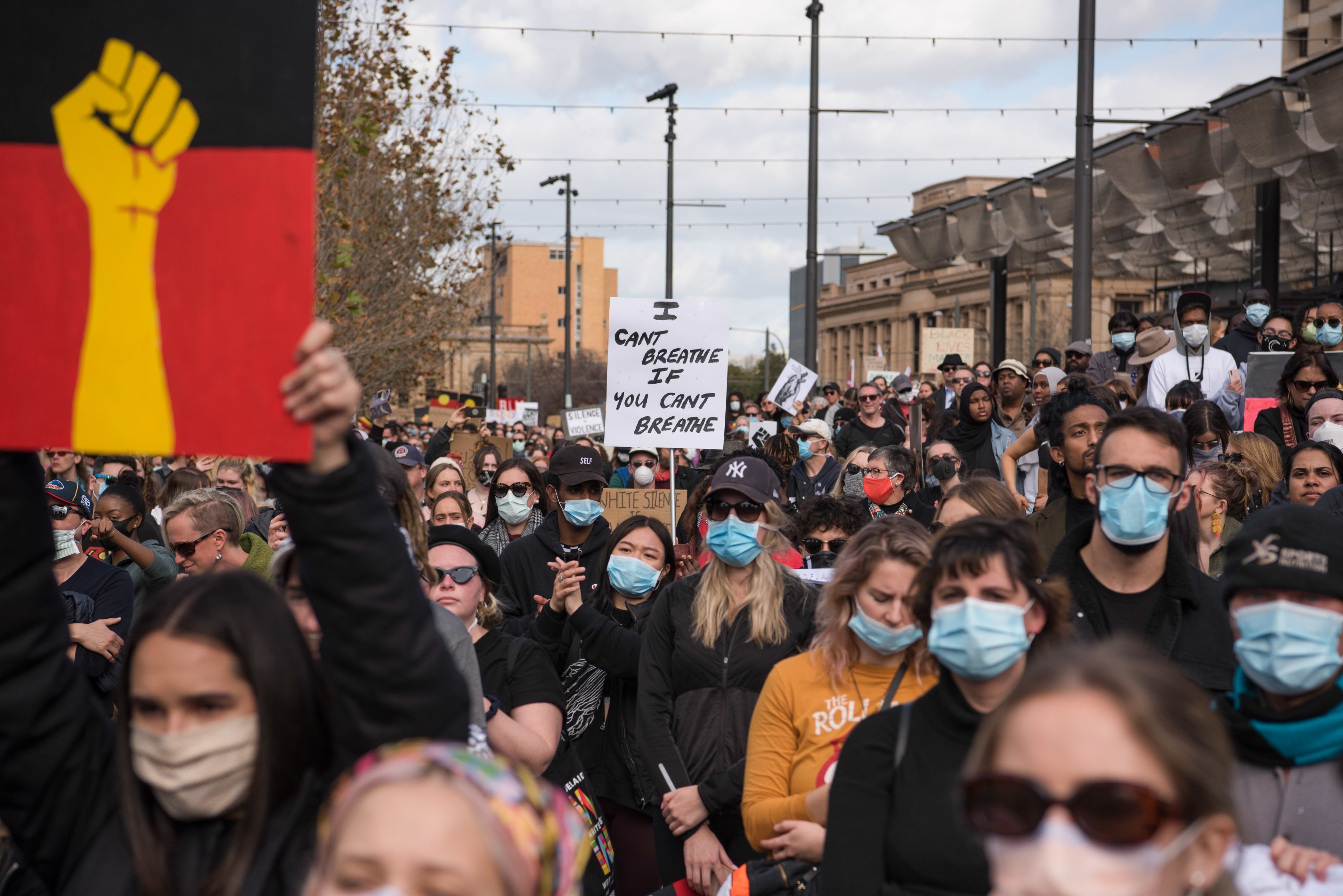 Thousands of protesters gathered at Adelaide's Victoria Square demonstrating in support of the Black Lives Matter movement.