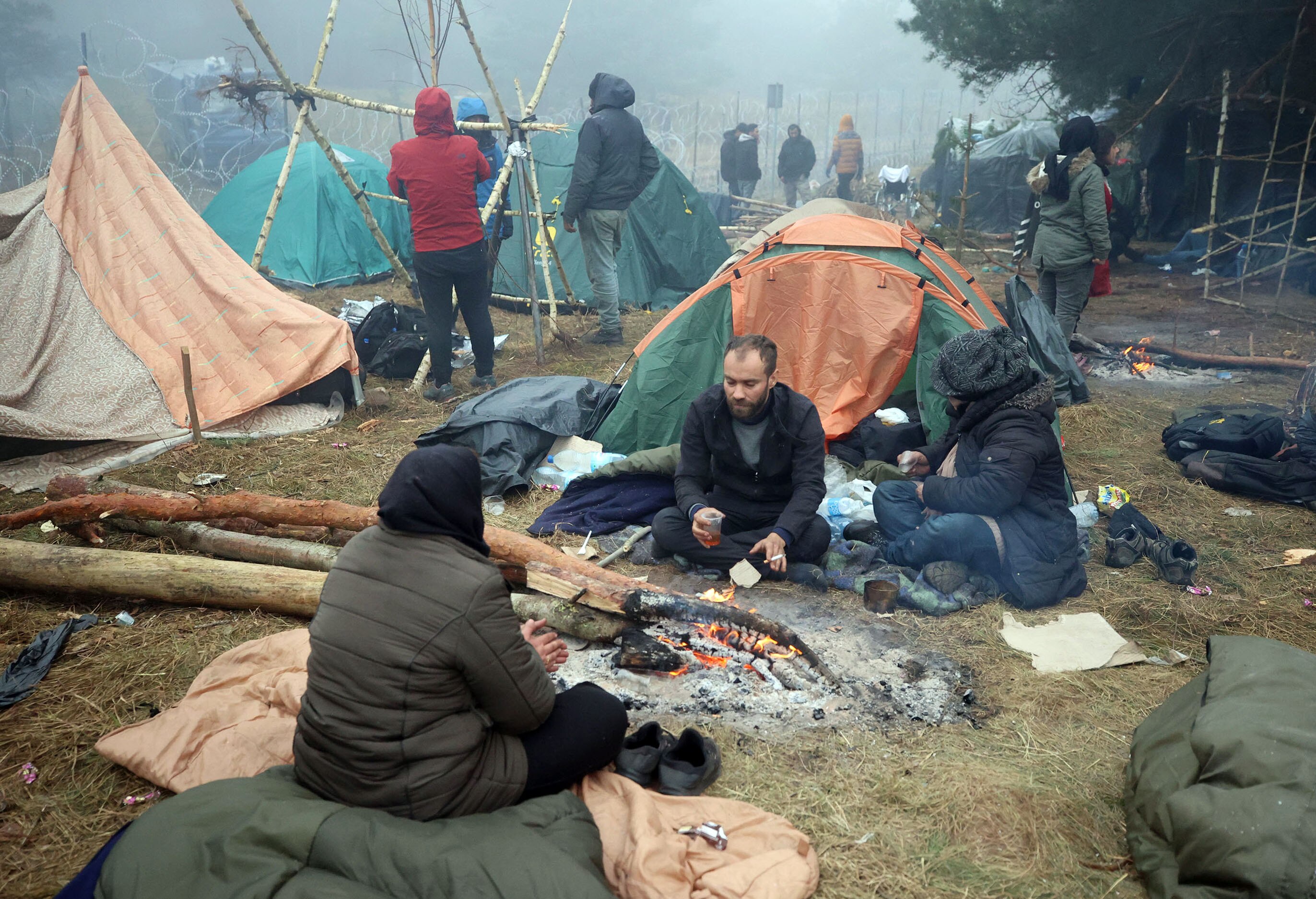 Migrants in a tent camp on the Belarusian-Polish border on November 11, 2021.