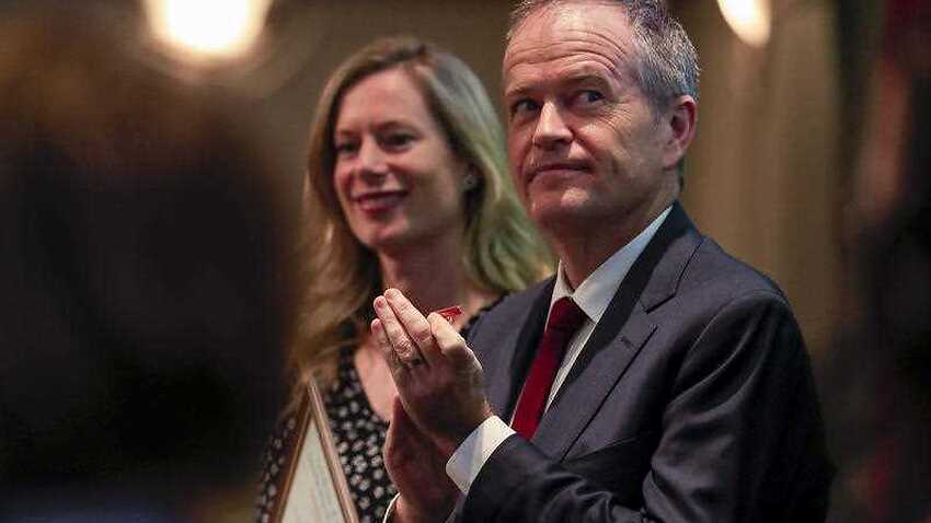 Tasmanian Opposition Leader Rebecca White (left) and Federal Opposition Leader Bill Shorten are seen during the Tasmanian Labor state conference in Hobart