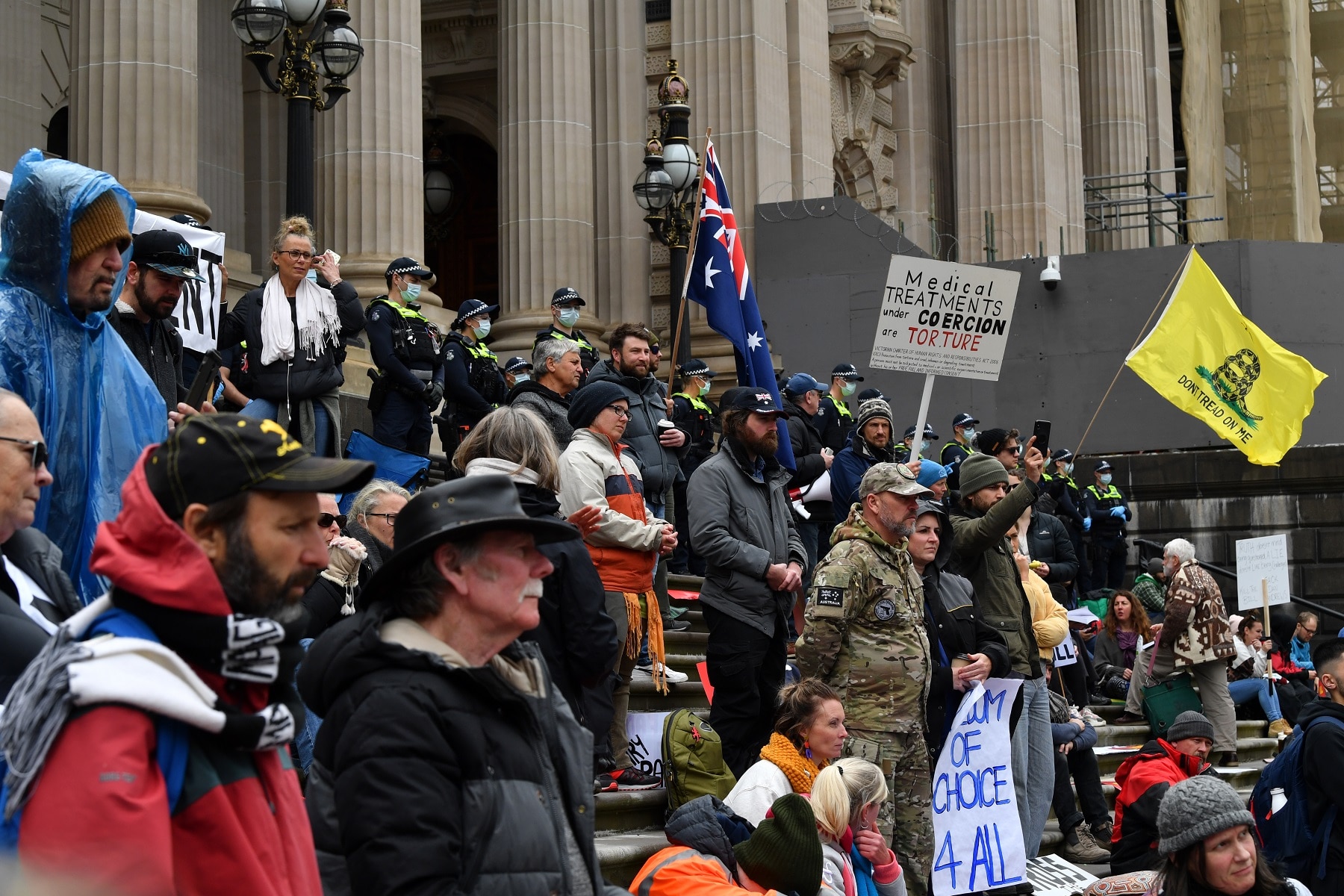 Protesters outside Victorian State Parliament in Melbourne 
