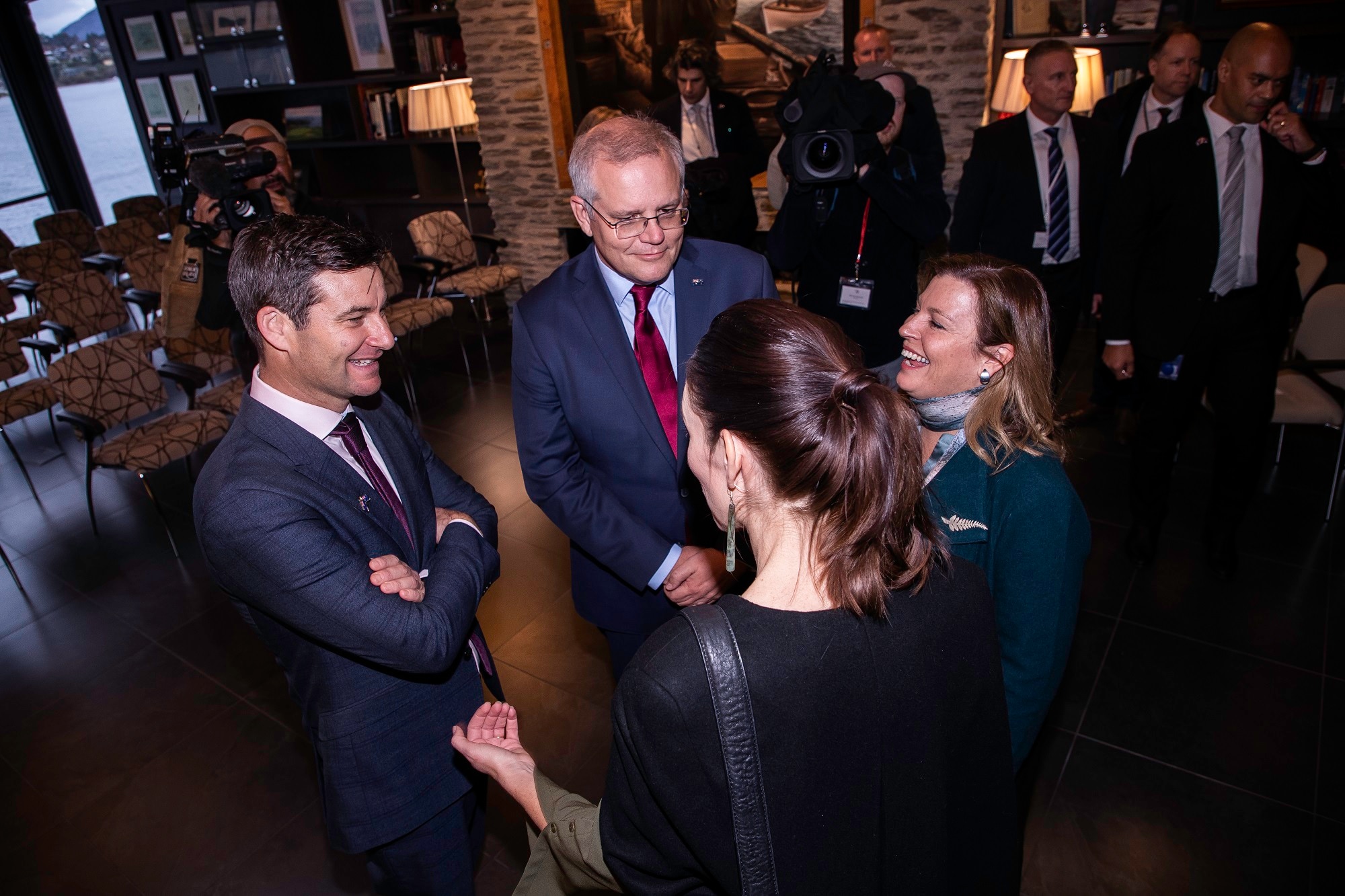 New Zealand Prime Minister Jacinda Ardern (third left), her partner Clark Gayford, Australian Prime Minister Scott Morrison (centre) and his wife Jenny.