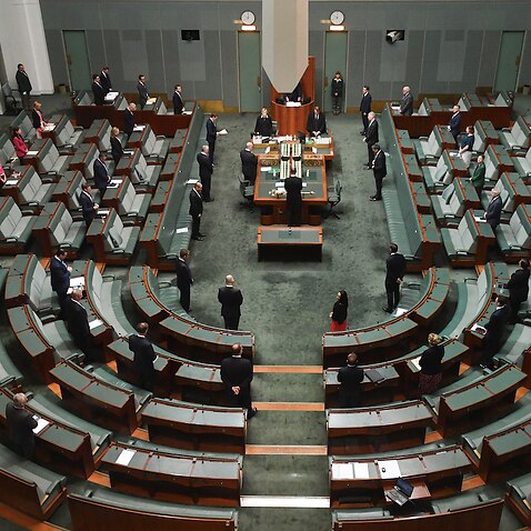 Parliamentary sitting under rules of social distancing in the House of Representatives at Parliament House in Canberra in April 2020.
