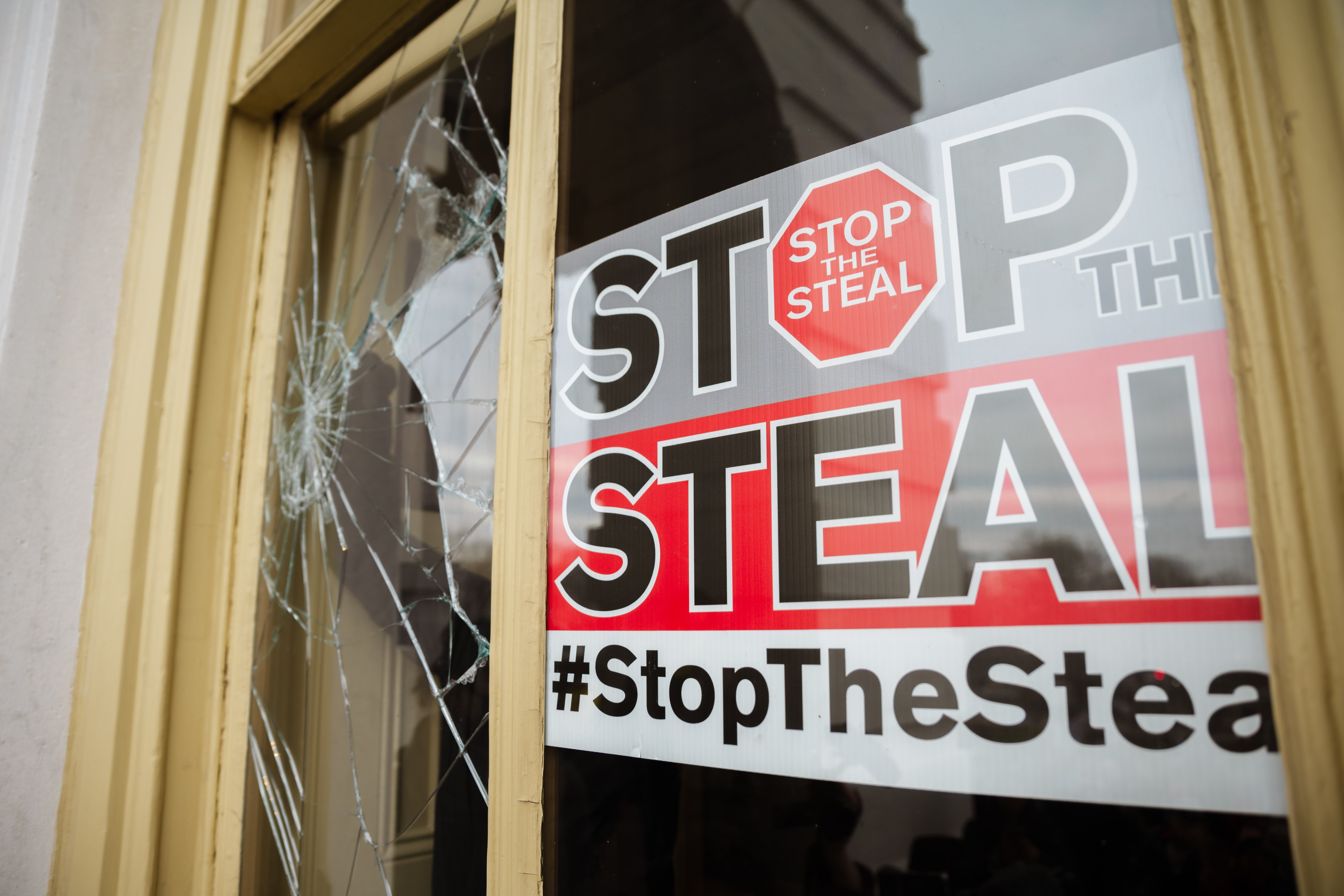  A Stop The Steal sign was posted inside of the Capitol Building after a pro-Trump mob broke into the building.