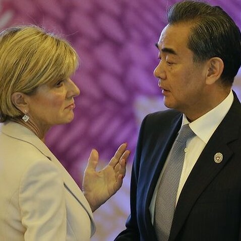 Chinese Foreign Minister Wang Yi talks with Australia Foreign Ministerulie J Bishop (L)