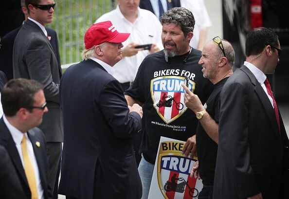 The Bikers for Trump were major fixtures during the presidential election. Then Republican candidate is pictured with the group during a 2016 rally.