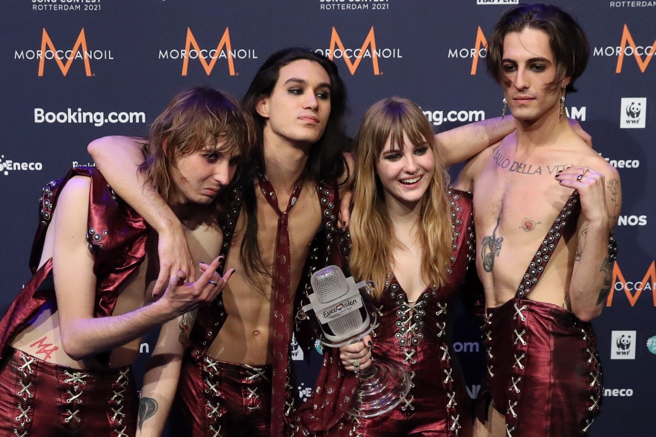 Thomas Raggi, Ethan Torchio, Victoria De Angelis, Damiano David (L-R) of the Maneskin rock band representing Italy, the winners of the 2021 Eurovision