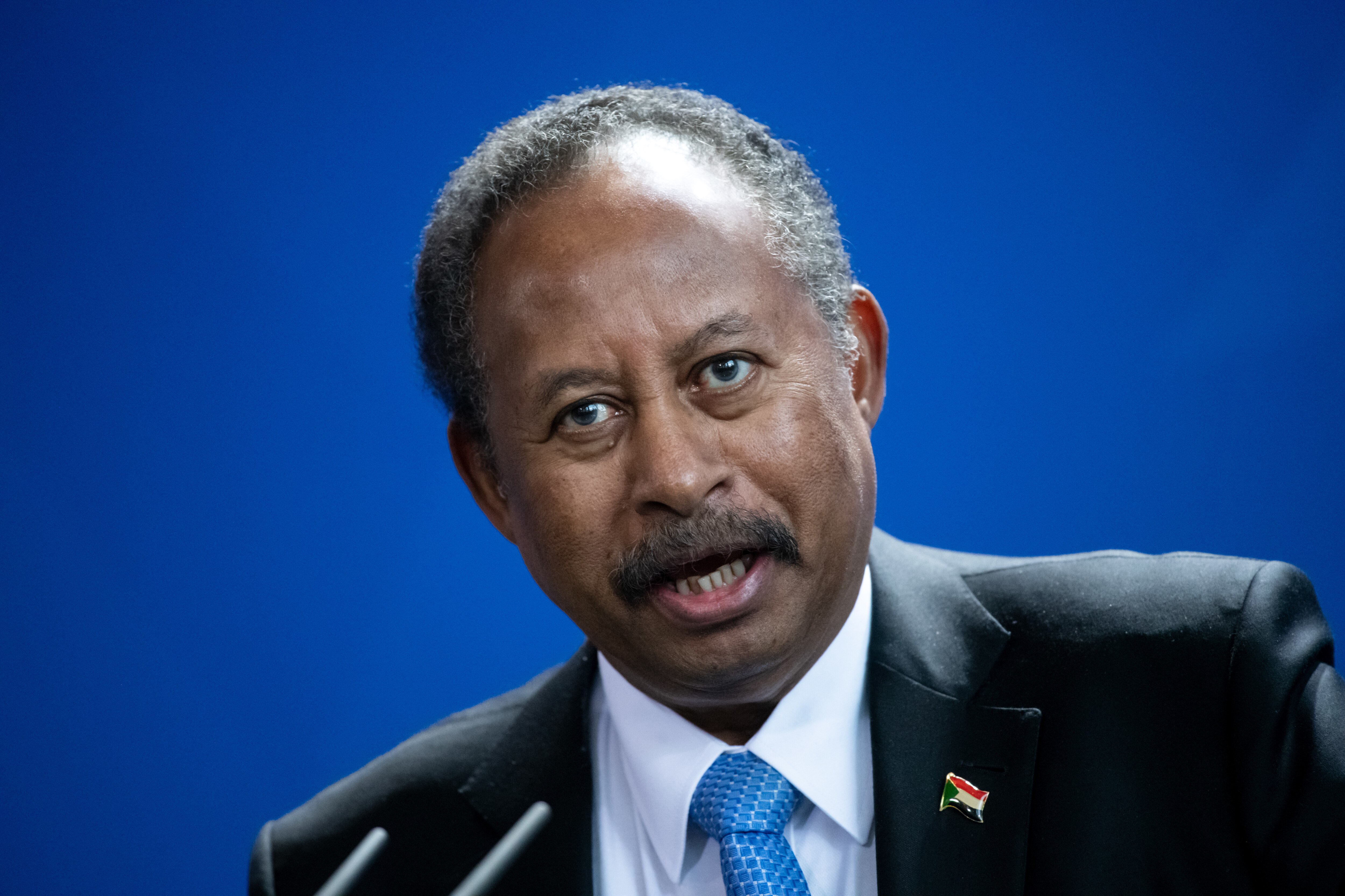 Abdullah Hamduk, former Prime Minister of Sudan and former head of Sudan's interim government, speaks during a press conference before being ousted from power.
