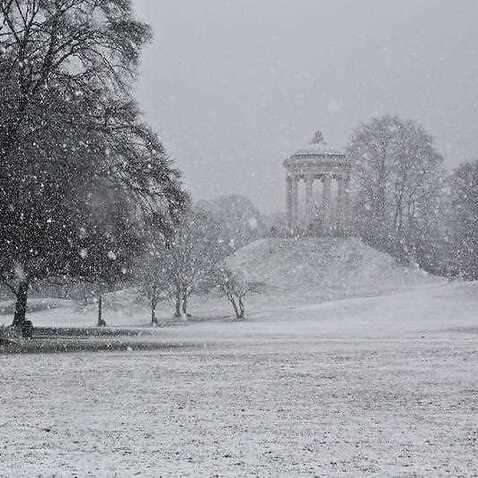 A park is lonesome with sleet in Munich, Germany.