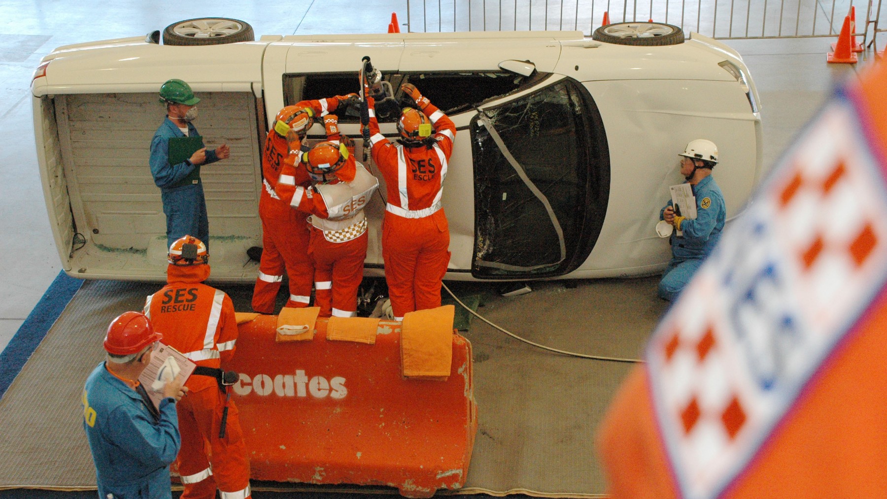 A supplied photo of a Brisbane SES team practicing car crash rescue operations at the state road rescue challenge in Melbourne.