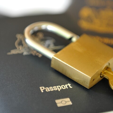 passport with a lock and key on top