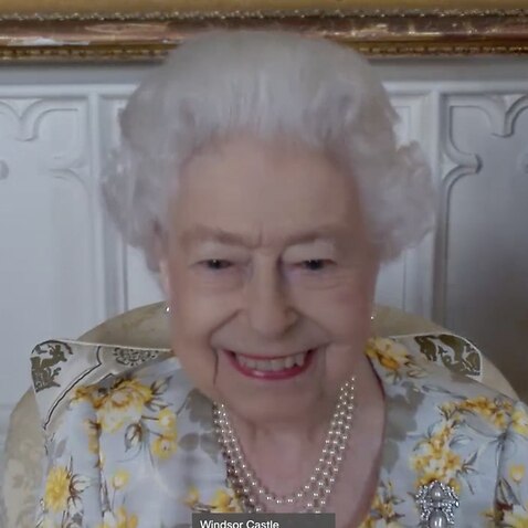 Queen Elizabeth II during a video link call and virtual visit to the Royal London Hospital on Wednesday to mark the official opening of the hospital's Queen Elizabeth Unit.