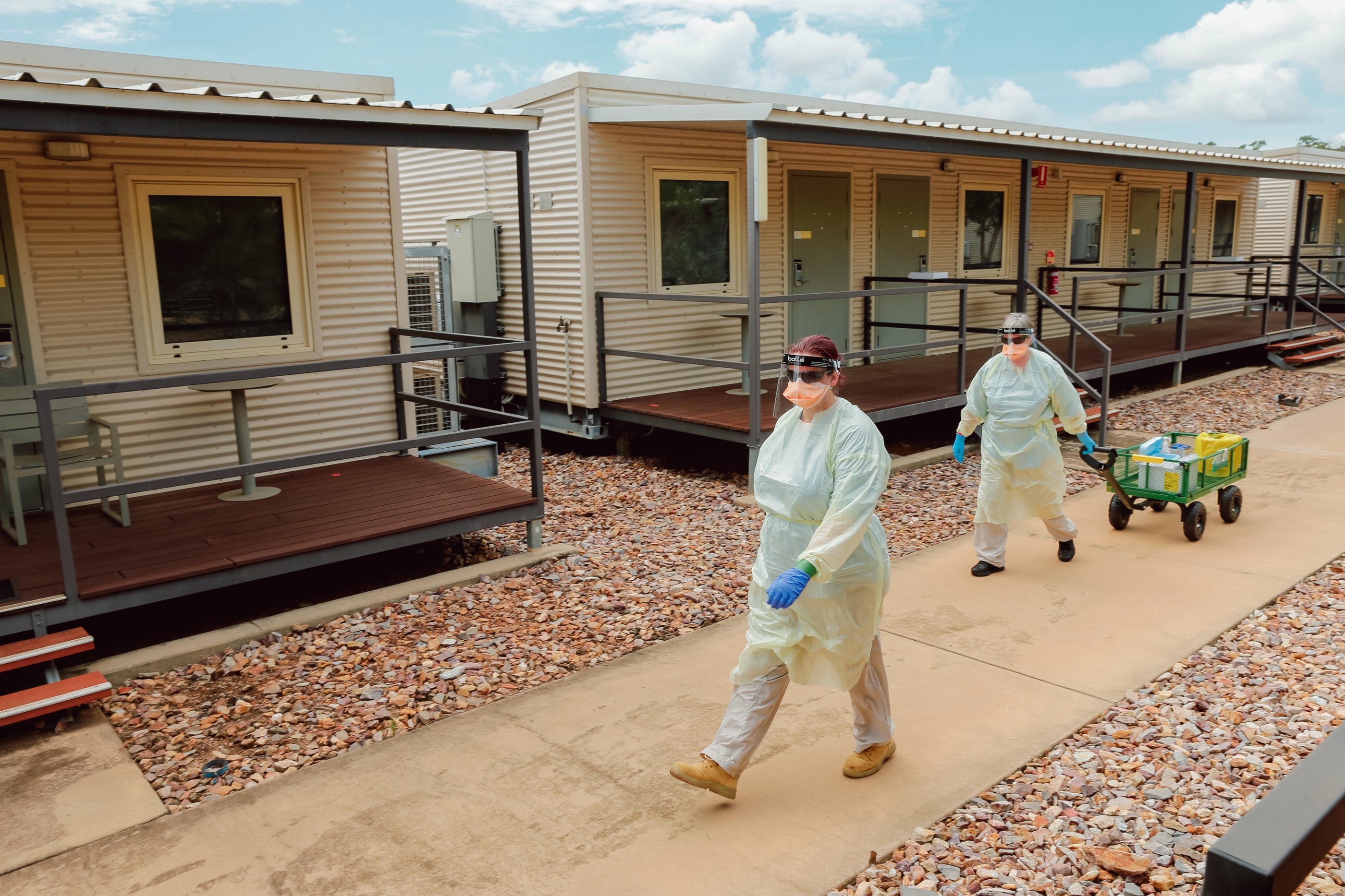 Staff conduct a Swabbing run at a PPE drill at the Howard Springs quarantine facility in Darwin. 