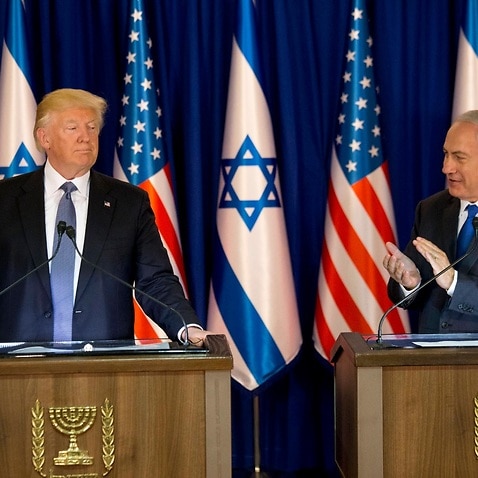 US President Donald J. Trump (L) and Israeli Prime Minister Benjamin Netanyahu (R) hold a press conference after their meeting in Jerusalem