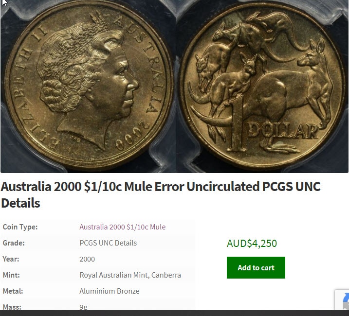 Rare Australian mule $1 coin selling