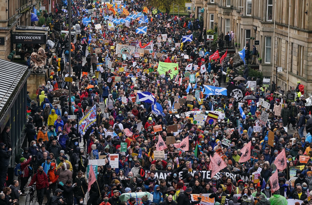 Climate activists attend a protest organised by the COP26 Coalition in Glasgow, Scotland.