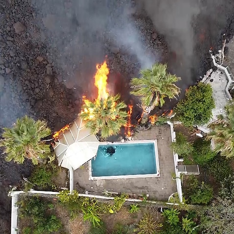 Aerial image of the lava from the volcano on September 20, 2021, in La Palma