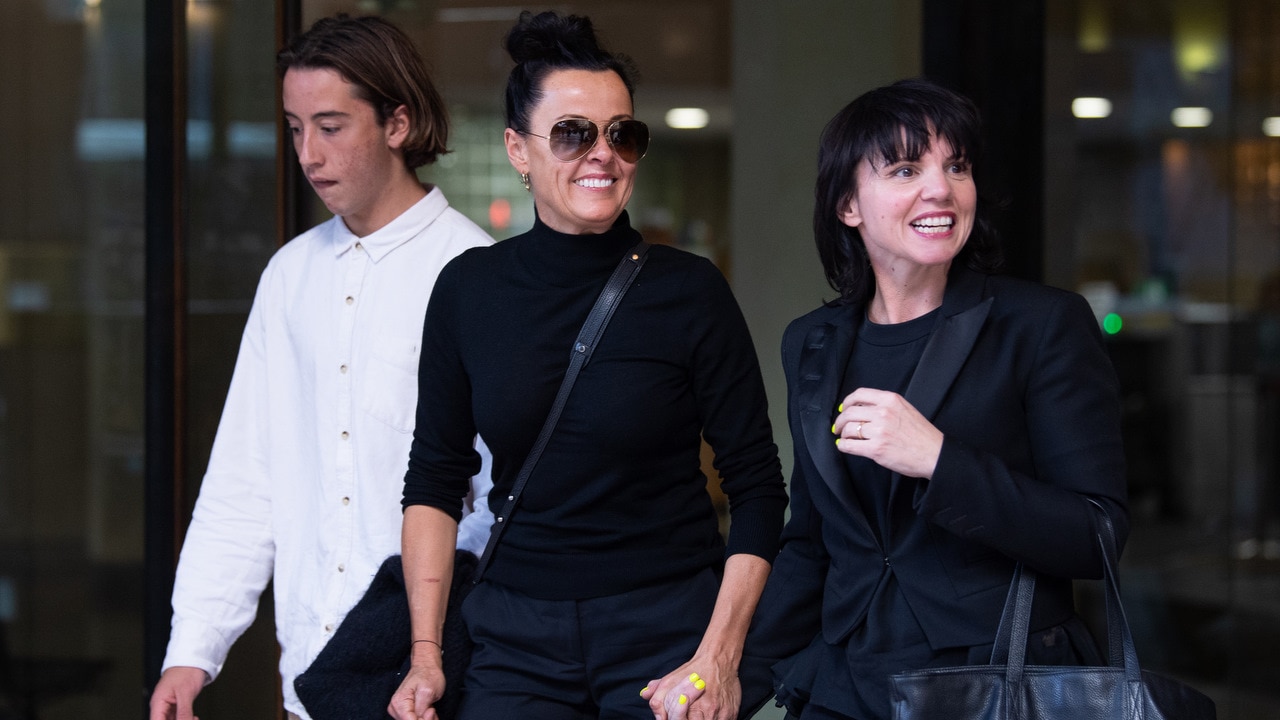 Bec Rosen, ex-wife of Hamish McLaren, (centre) leaves the Downing Centre District Court in Sydney on 13 June 2019.