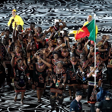 The Cameroon team at the Commonwealth Games opening ceremony. About 11 members of Cameroon's team are still in Australia (may not be pictured here).
