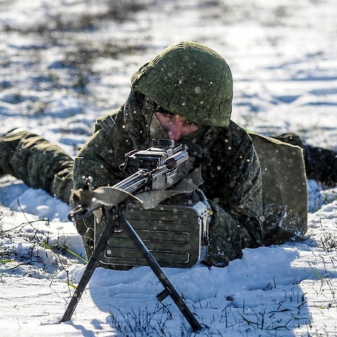A Russian soldier takes part in drills at the Kadamovskiy firing range in the Rostov region in southern Russia, 2021 