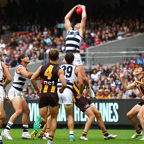 Patrick Dangerfield of the Cats takes a mark during the 2016 AFL Round 01 match between the Geelong Cats and the Hawthorn Hawks at the Melbourne Cricket Ground, Melbourne 