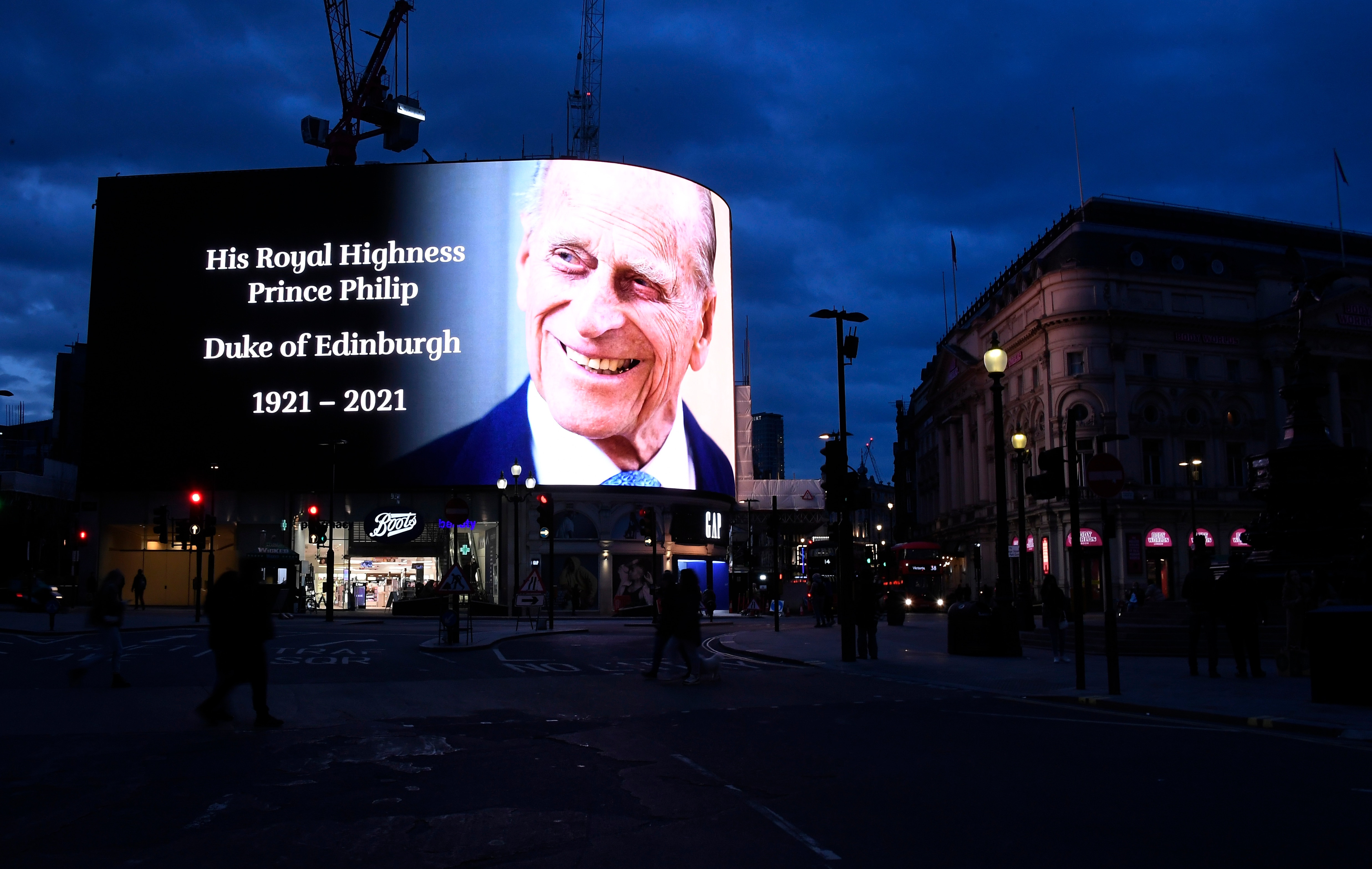 A tribute to Britain's Prince Philip is projected onto a large screen at Piccadilly Circus in London, Friday, 9 April, 2021. 