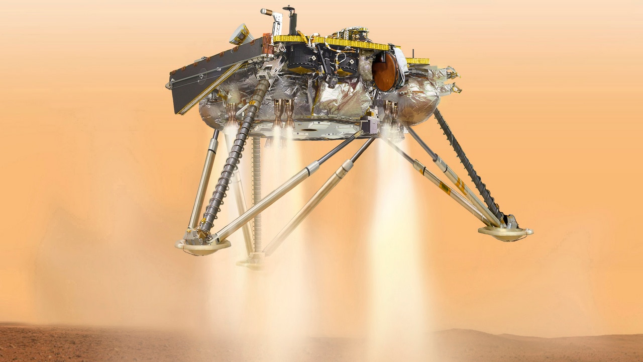 Illustration showing simulated view of the Insight Lander NASA about to land on the surface of & # 39; Mars.  