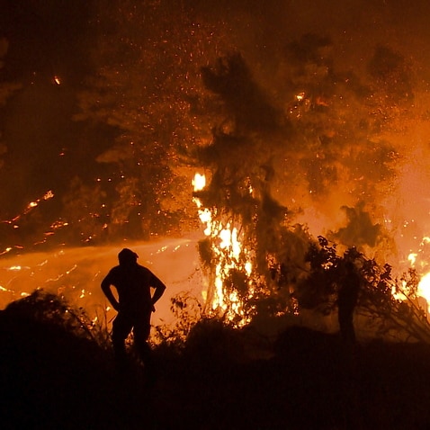 Residents and volunteers watch the development of a wildfire near Kamatriades in Evia, Greece, on the night of 10 August 2021