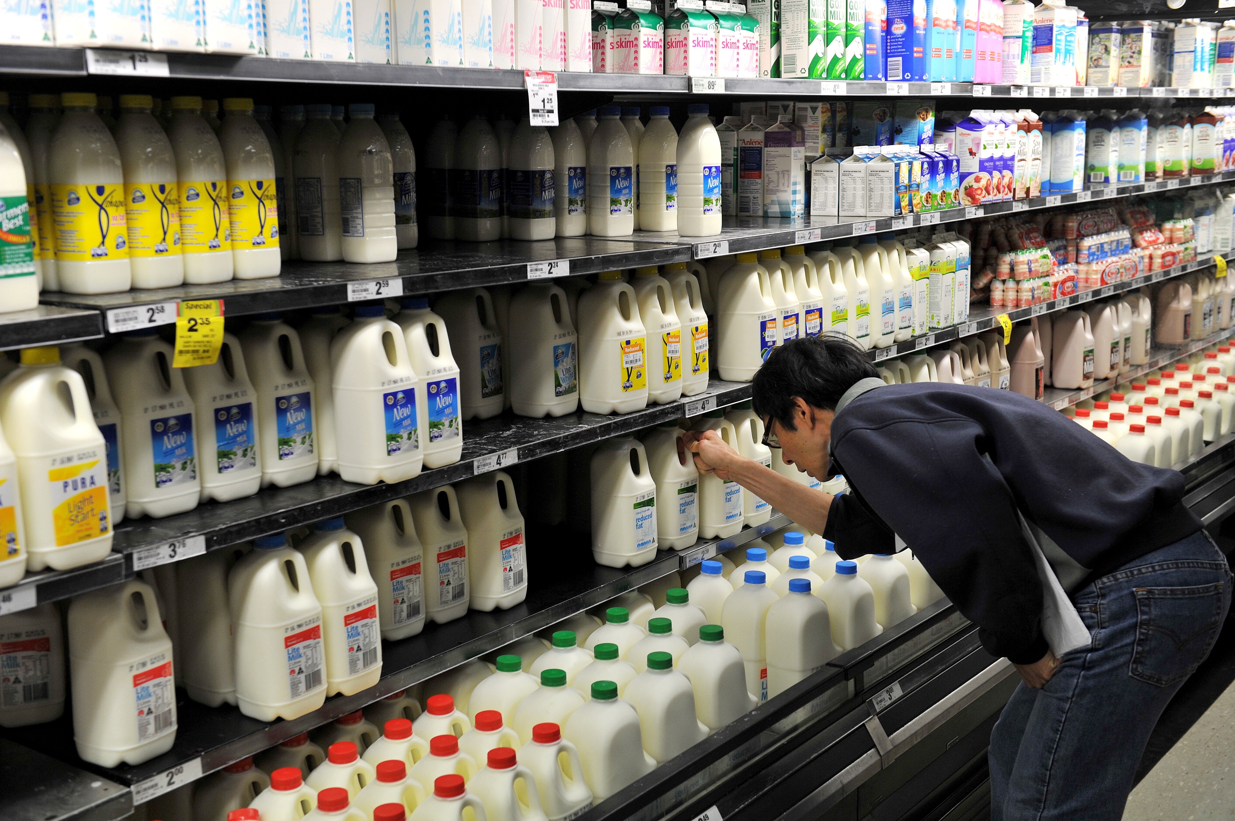 A shopper selects a bottle of milk at a supermarket in Sydney on Monday, May 7, 2012. (AAP Image/Paul Miller) NO ARCHIVING