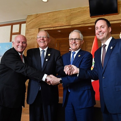 Peru's Minister of Foreign Commerce and Tourism Eduardo Ferreyros Kuppers, President Pablo Kuczynski, Malcolm Turnbull and Steven Ciobo 