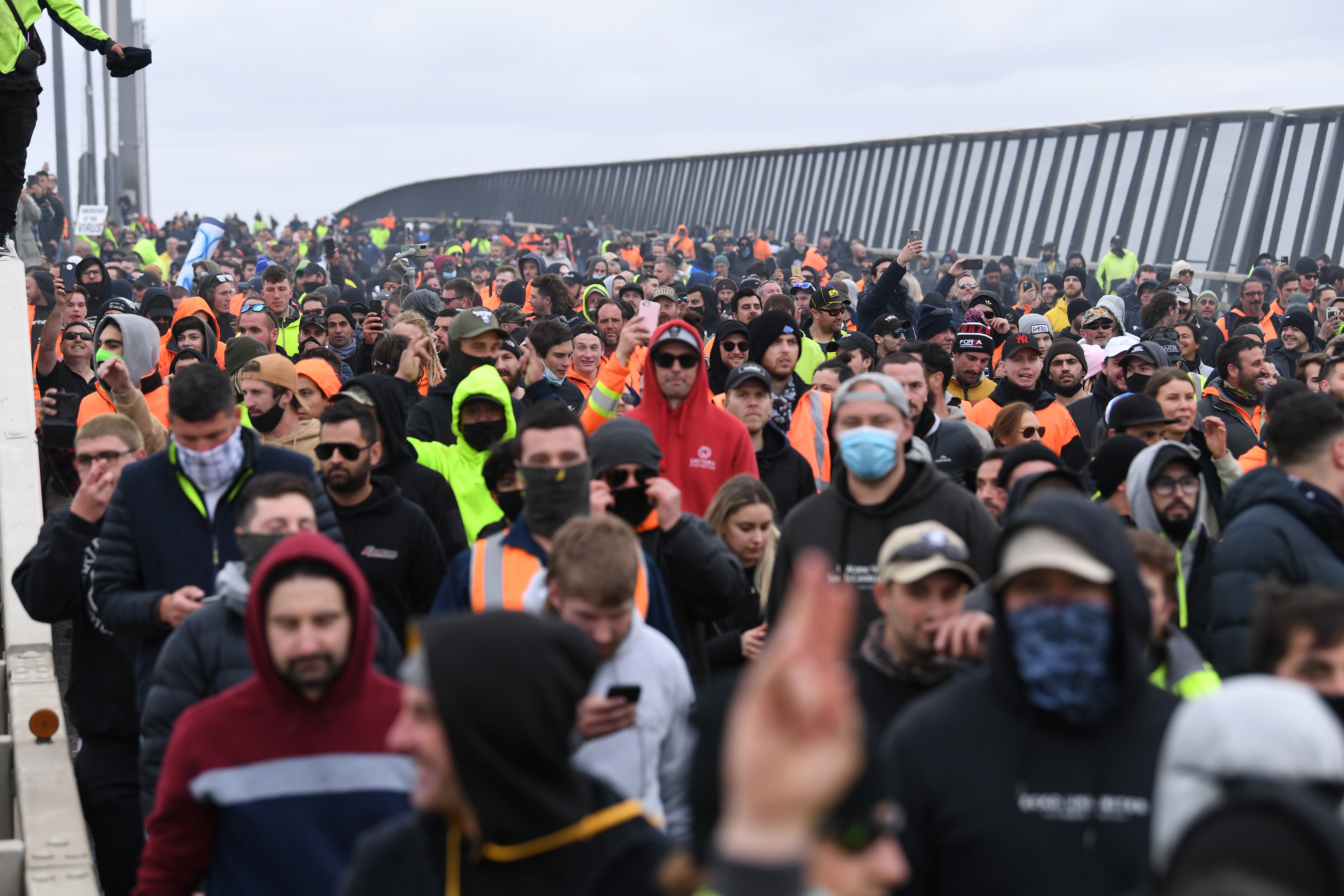 Protesters on the West Gate Bridge in Melbourne, Tuesday, September 21, 2021. 