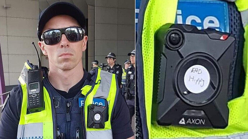 Victoria Police is investigating a photo of one of its officers with an indecent message scrawled on his body camera