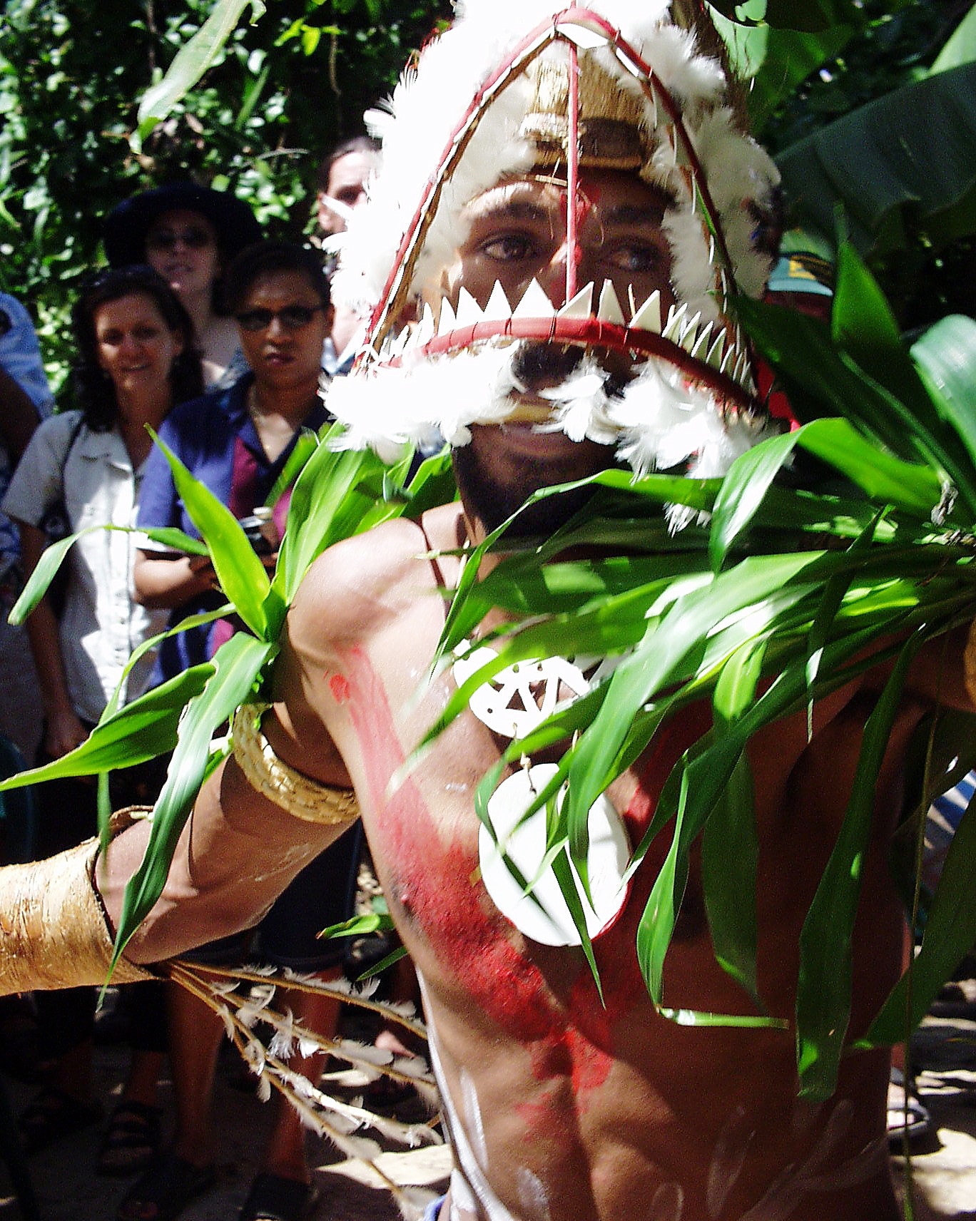 Murray Island, AAP, 2003. File - A Torres Strait Islander performs a warrior dance on Murray Island