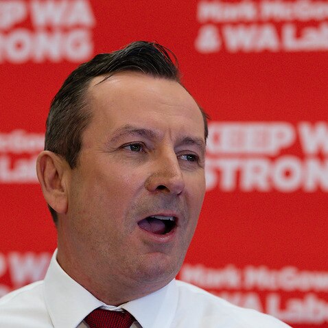 Premier-elect West Australian Labor leader Mark McGowan speaks at the party's election night event at the Gary Holland Community Centre in Rockingham, 50km south of Perth, Saturday, March 13, 2021.(AAP Image/Richard Wainwright) NO ARCHIVING