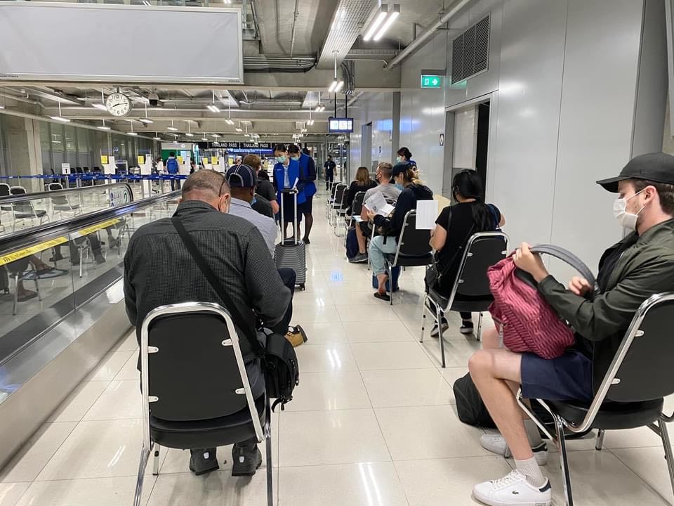 Arrival travellers during document checking at Suvarnabhumi Airport, Thailand
