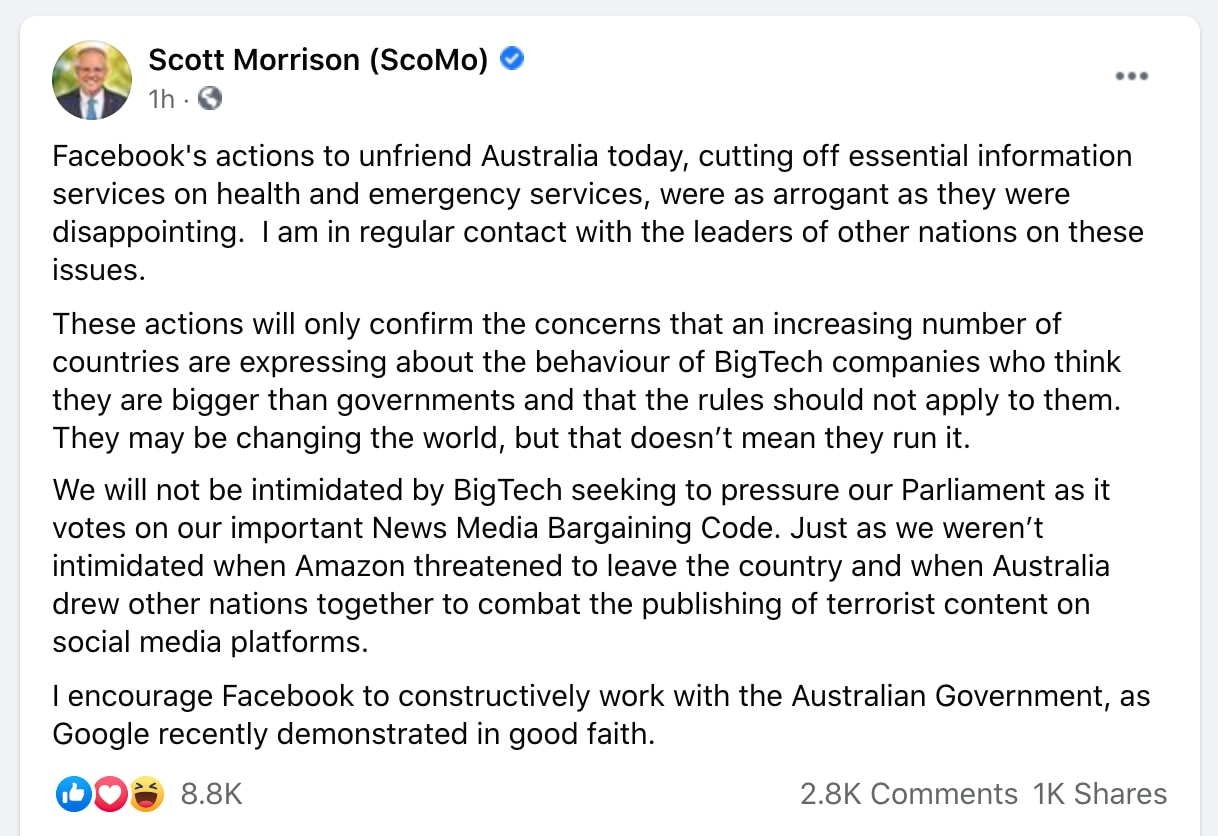 The prime minister criticised Facebook's "actions to unfriend Australia" in a Facebook post.