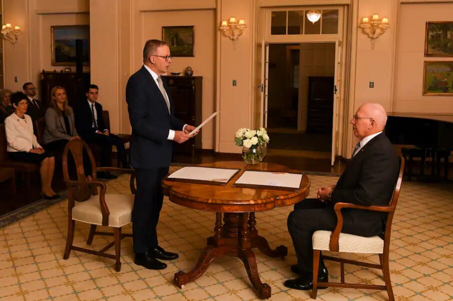 Australian Prime Minister Anthony Albanese is sworn in by Australian Governor-General David Hurley during a ceremony at Government House in Canberra, on Monday, 23 May, 2022.