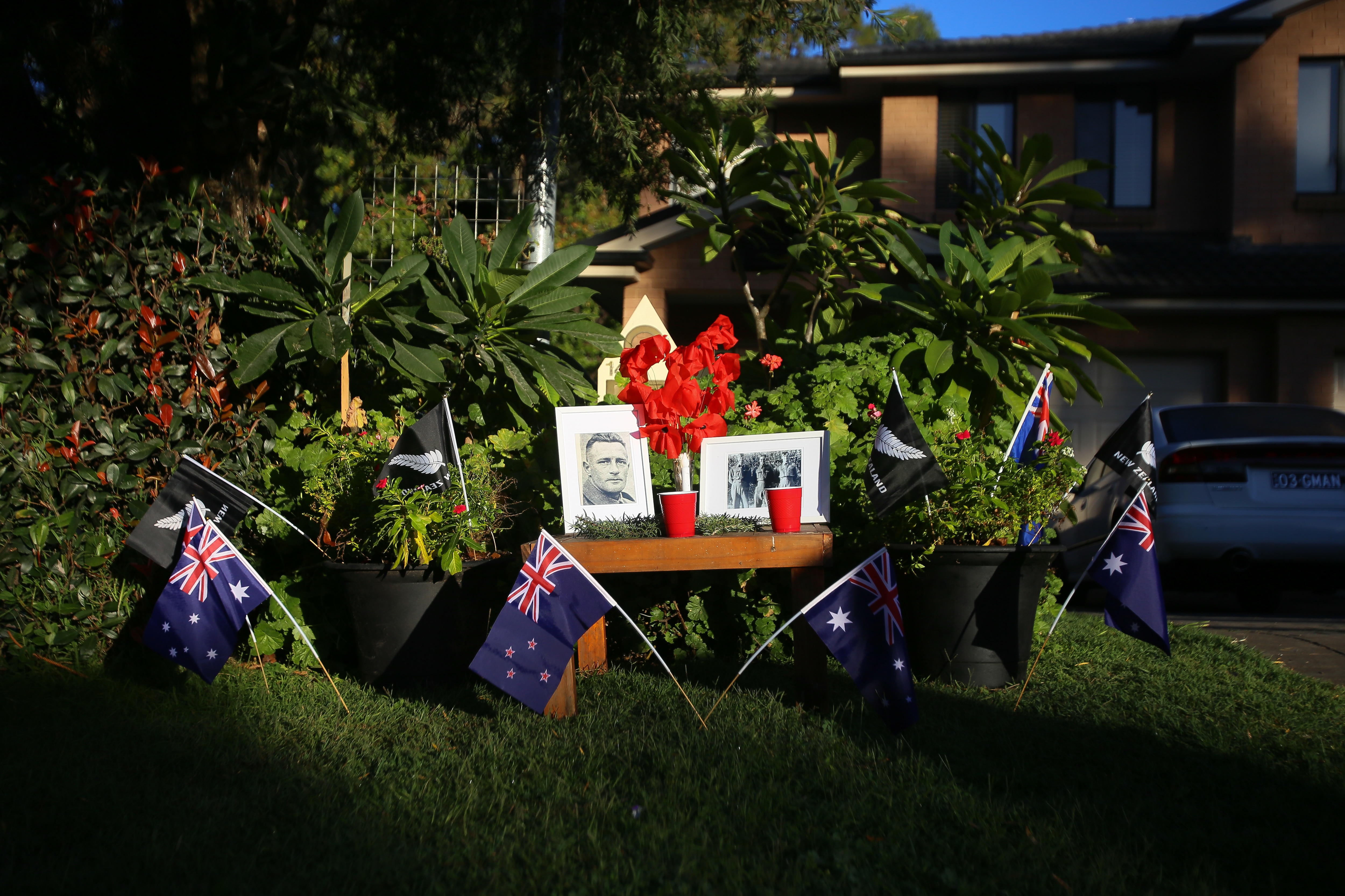 A memorial is seen on the front lawn of a Rydalmere resident in Sydney during the early hours of Anzac Day.