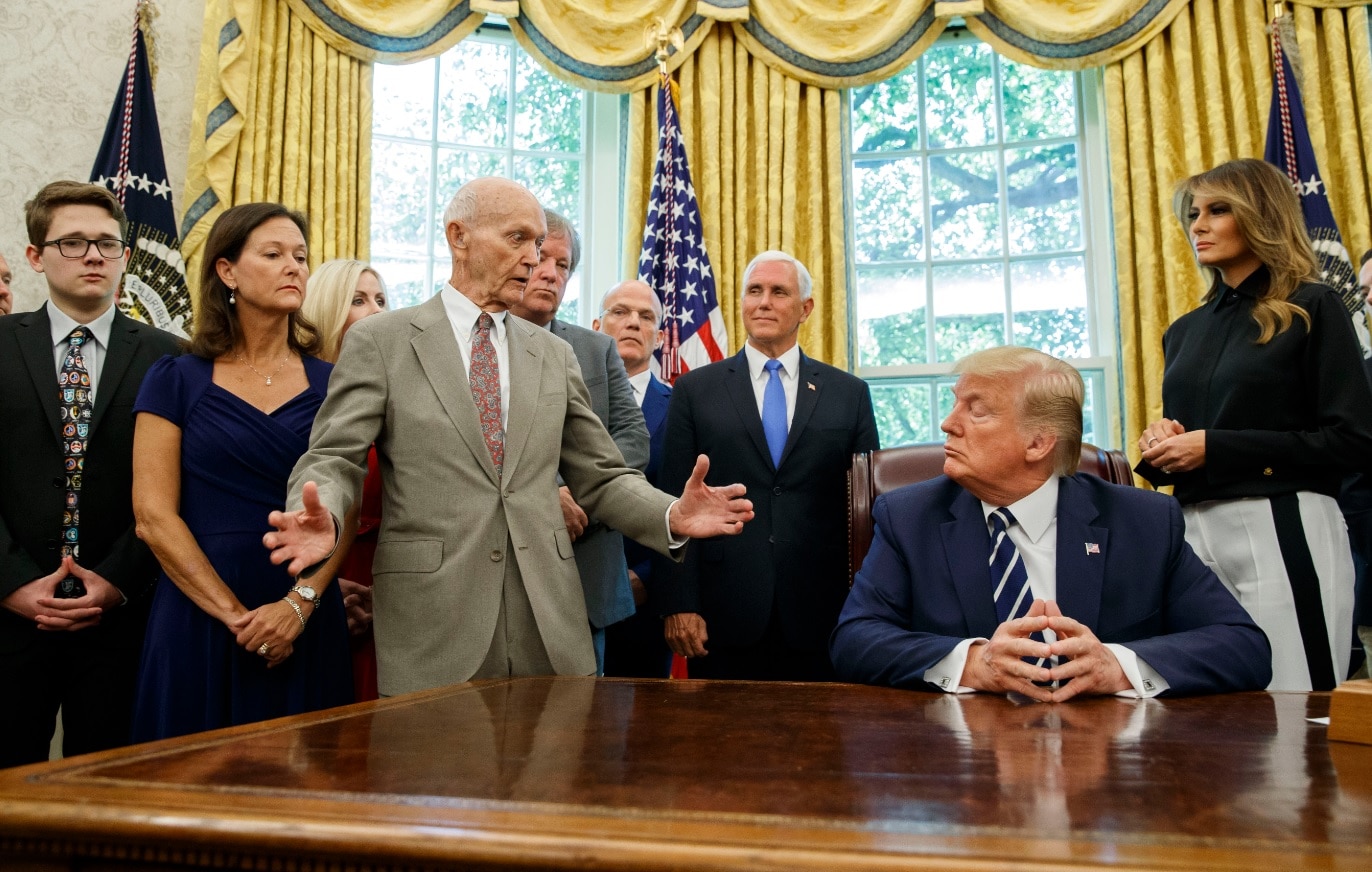 President Donald Trump listens to Apollo 11 astronauts Michael Collins, third from left, with Vice President Mike Pence and first lady Melania Trump, President Donald Trump listens to Apollo 11 astronauts Michael Collins, third from left, with Vice President Mike Pence and first lady Melania Trump,