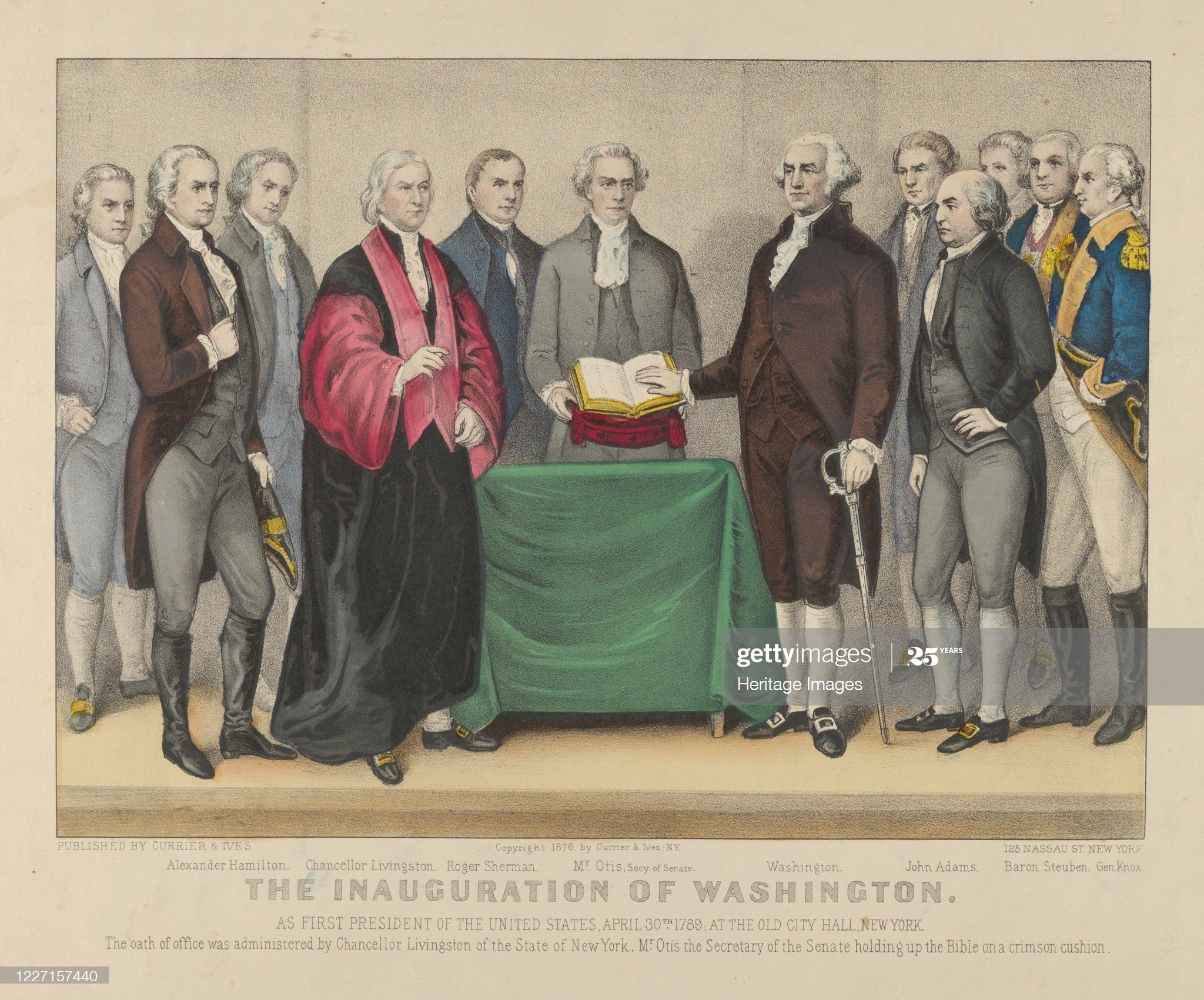 The Inauguration of Washington as First President of the United States, April 30th 1789 - At the Old City Hall, New York - The oath of office was administered by Chancellor Livingston of the States of New York - Mr. Otis the Secretary of the Senate holdin