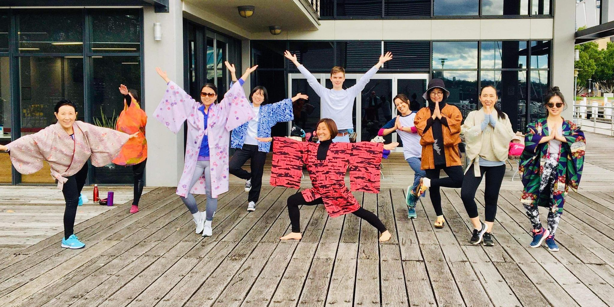 Members of the International Kimono Club Sydney enjoys their Members of the International Kimono Club Sydney enjoys their "Kimono de Yoga" event, doing yoga with wearing kimono jacket.