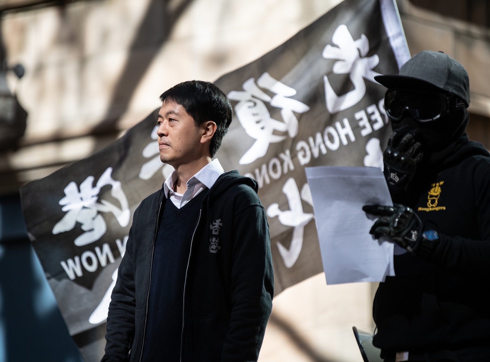 Former Hong Kong Politician Ted Hui speaking during the rally in Sydney.