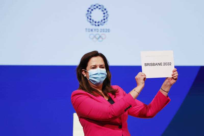 The Honourable Annastacia Palaszczuk MP, celebrates after Brisbane was announced as the 2032 Summer Olympics host city during the IOC Session at Hotel Okura in Tokyo, Wednesday, July 21, 2021.