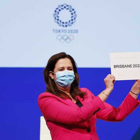 The Honourable Annastacia Palaszczuk MP, celebrates after Brisbane was announced as the 2032 Summer Olympics host city during the IOC Session at Hotel Okura in Tokyo, Wednesday, July 21, 2021.