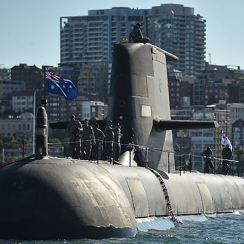 The Royal Australian Navy's HMAS Waller (SSG 75), a Collins-class diesel-electric submarine, is seen in Sydney Harbour in 2016. 